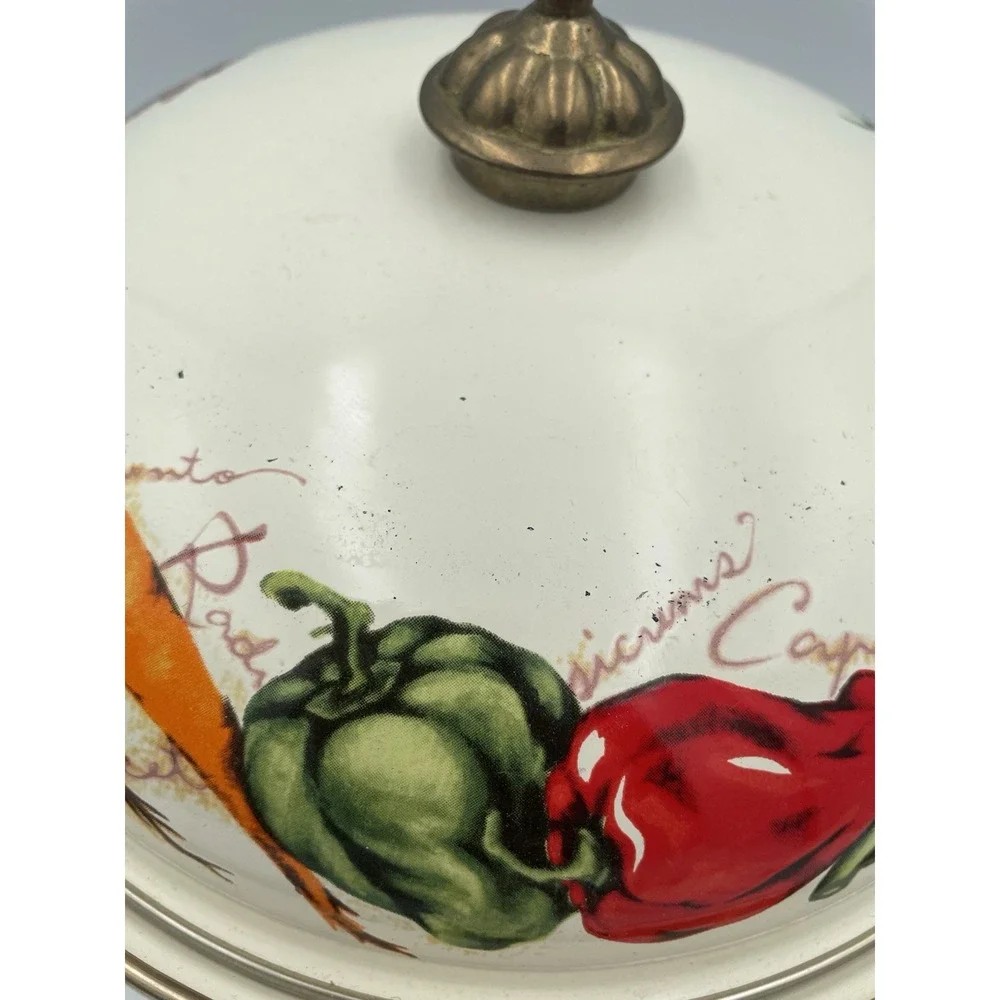 Vtg 3 Qt Farmers Market Enamel Ware Casserole Pot Brass Handles Vegetable Motif